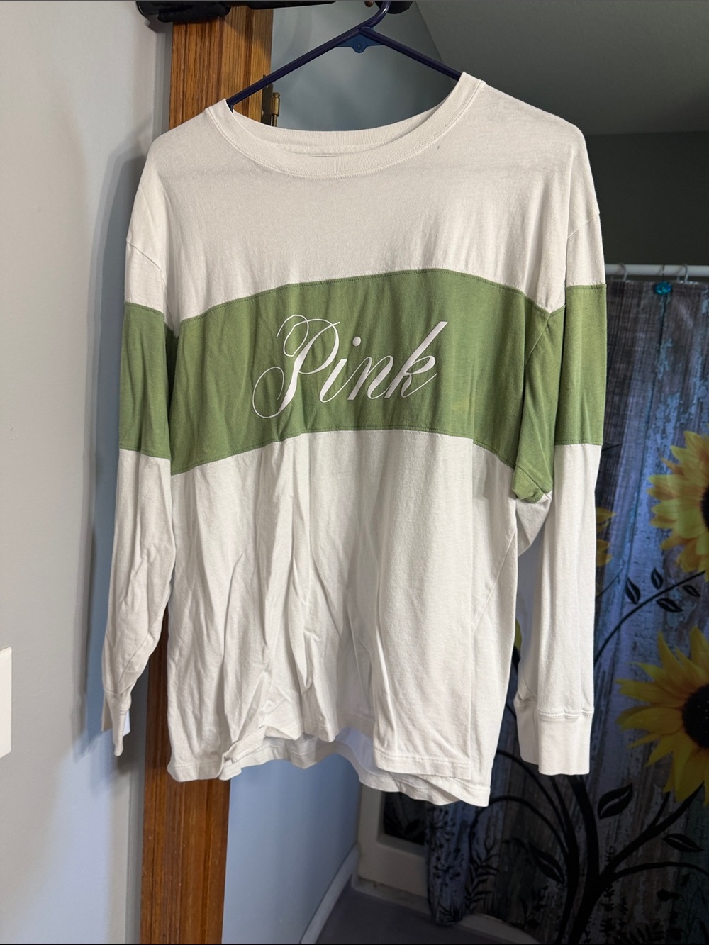 Victoria's Secret Pink White and Olive Green Long Sleeve Tee